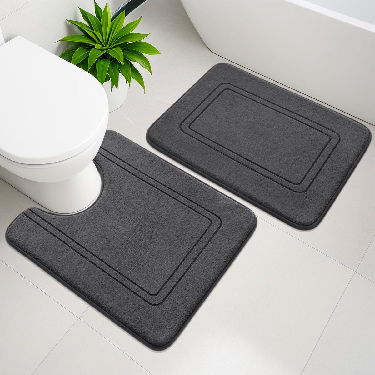 YIHOUSE Memory Foam Bath Mat Set, Non Slip Bath Mats, Super Soft and Water Absorbent, Machine Washable U Shape Toilet Mats, Dark Blue