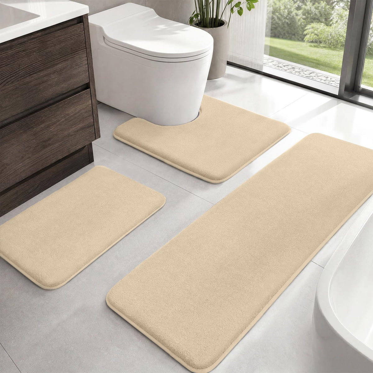 HUXMEYSON Bathroom Rugs Sets 3 Piece, Non-Slip & Quick Dry Bath Mat Set, Ultra Soft Velvet Bath Rugs for Bathroom, Toilet and Shower Floor, Grey