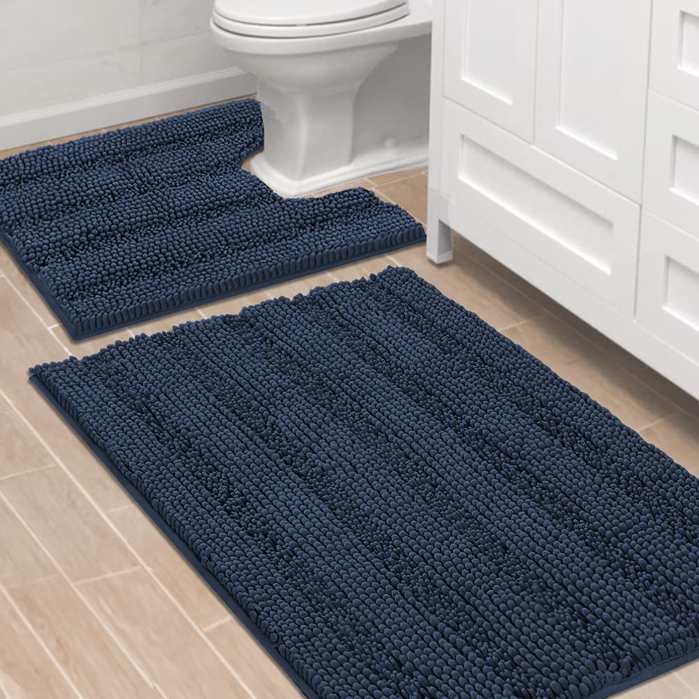 H.VERSAILTEX Bathroom Rugs Bath Rug Set 2 Piece Bathroom Contour Rug Toilet Mat Sets Non Slip Contour Bath Rug Ultra Thick Water Absorbent Striped Bath Mats Washable(47" x 17" Plus 20" x 20" U, Cream)