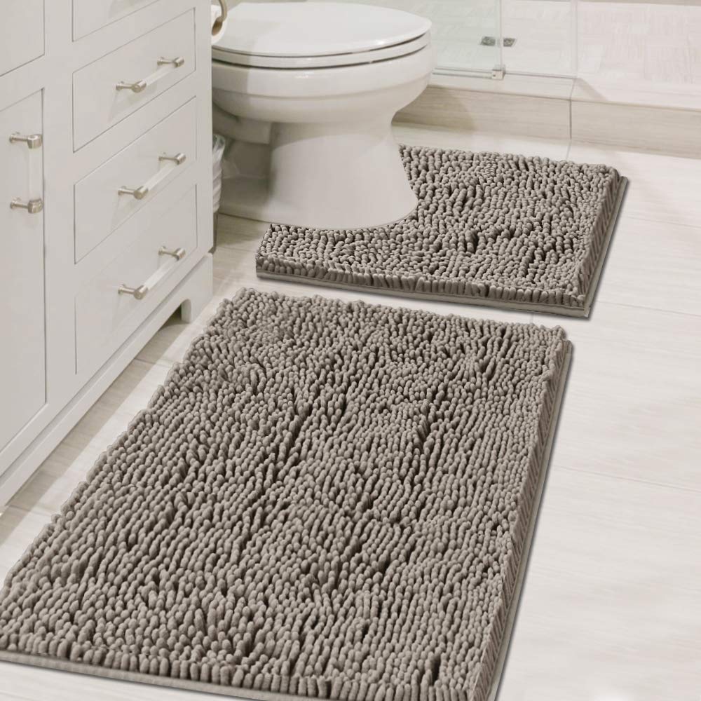H.VERSAILTEX Bathroom Rugs Luxury Chenille Mat Set, Soft Plush Shower Rug + Toilet Mat, Microfiber Shaggy Carpet, Super Absorbent, Machine Washable (Curved Set, 32" x 20"/20" x 20", Loden)