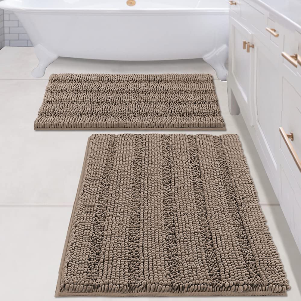 H.VERSAILTEX Bathroom Rugs Bath Rug Set 2 Piece Bathroom Contour Rug Toilet Mat Sets Non Slip Contour Bath Rug Ultra Thick Water Absorbent Striped Bath Mats Washable(47" x 17" Plus 20" x 20" U, Cream)