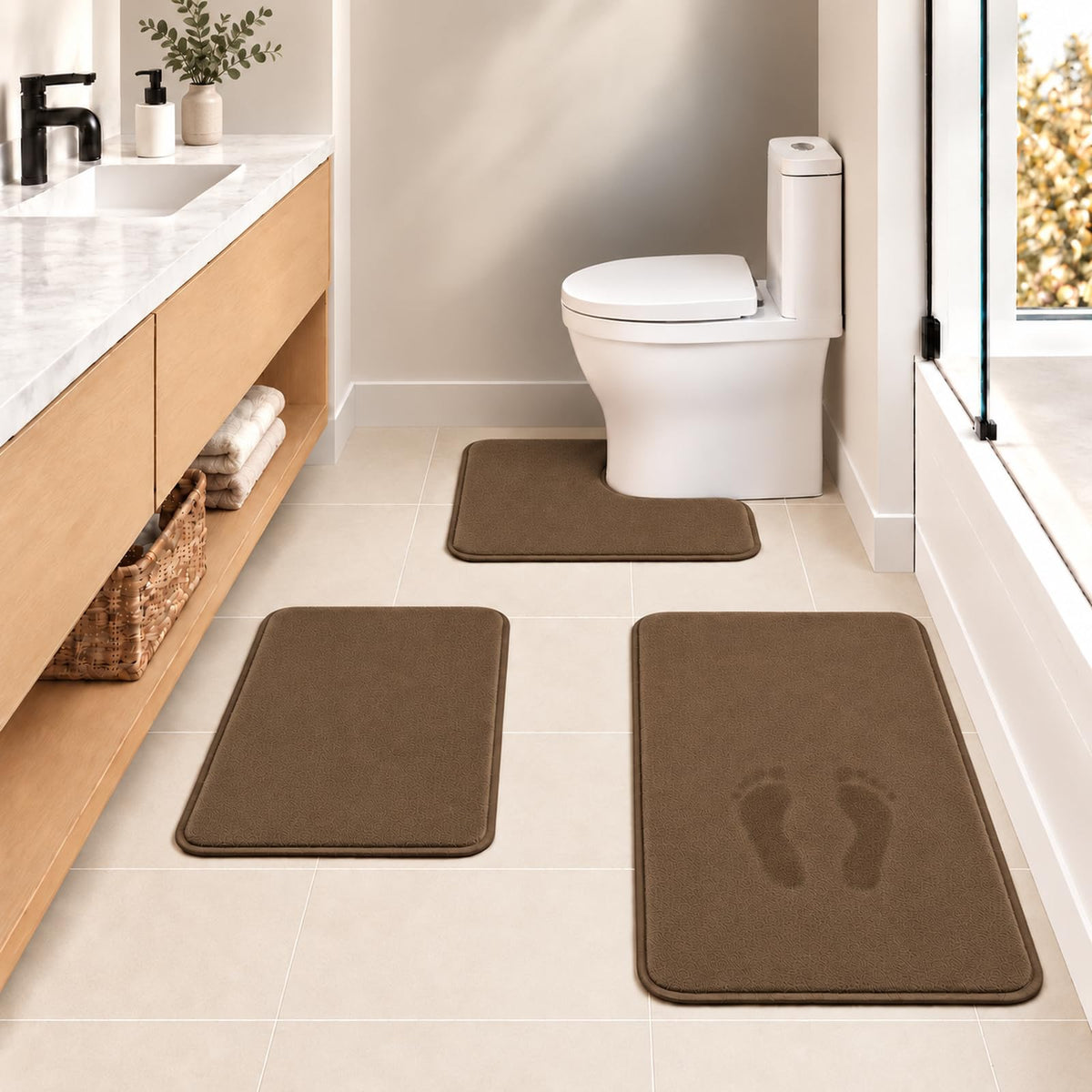 Black Bathroom Rug Set Memory Foam Bath Mats 3 Piece with Toilet Mats, Soft & Supportive, Shock Absorbing, Water Absorbent, Non-Slip Bath Rugs, Machine Washable, Area Rug, Home Decor Accessories