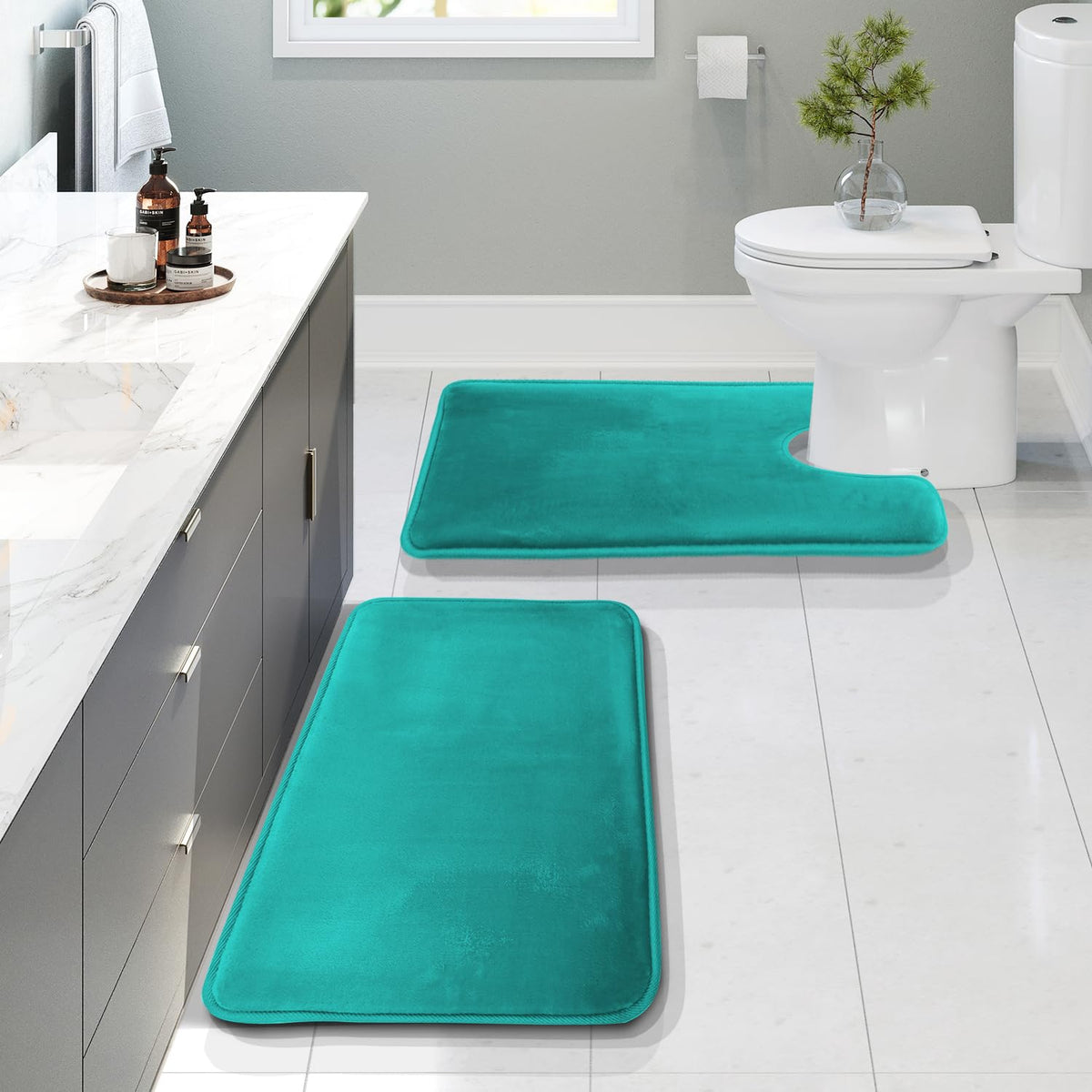 Clara Clark 3 Piece Bathroom Rugs Bath Mat Set, Velvet Memory Foam Bath Mats for Bathroom - Non-Slip, PVC Backing Bath Rugs, Washable - Dries Quickly, Grey