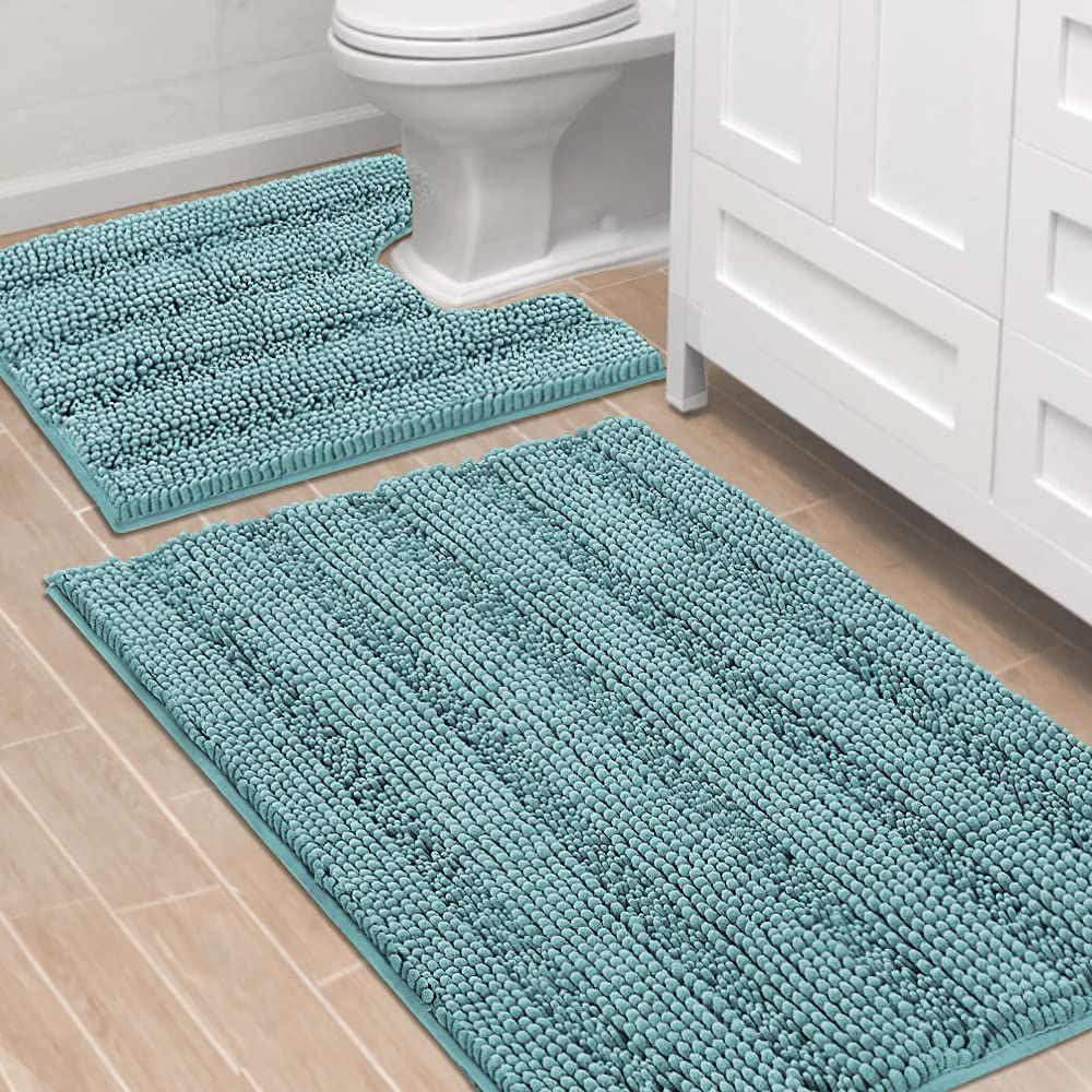 H.VERSAILTEX Bathroom Rugs Bath Rug Set 2 Piece Bathroom Contour Rug Toilet Mat Sets Non Slip Contour Bath Rug Ultra Thick Water Absorbent Striped Bath Mats Washable(47" x 17" Plus 20" x 20" U, Cream)