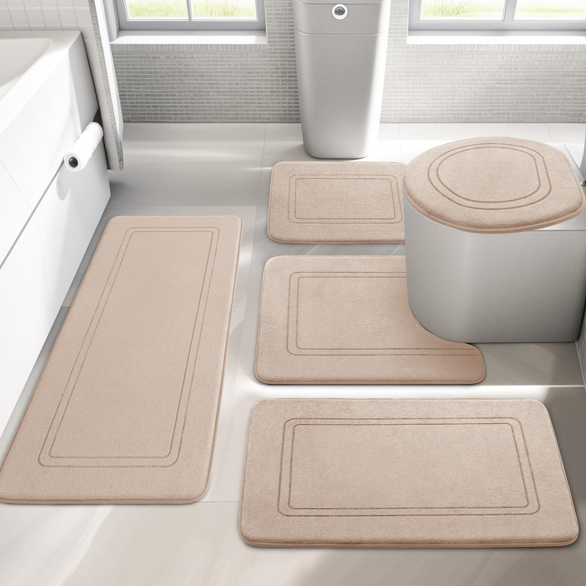YIHOUSE Memory Foam Bath Mat Set, Non Slip Bath Mats, Super Soft and Water Absorbent, Machine Washable U Shape Toilet Mats, Dark Blue