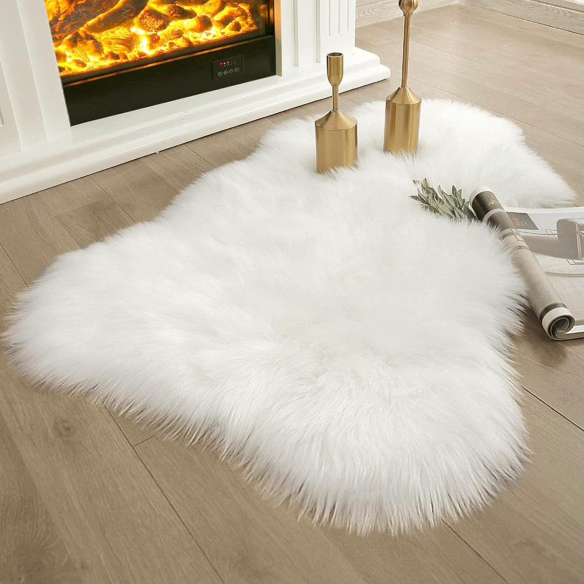 Ashler Faux Fur Rug, White, 2x3 Ft, Machine Washable