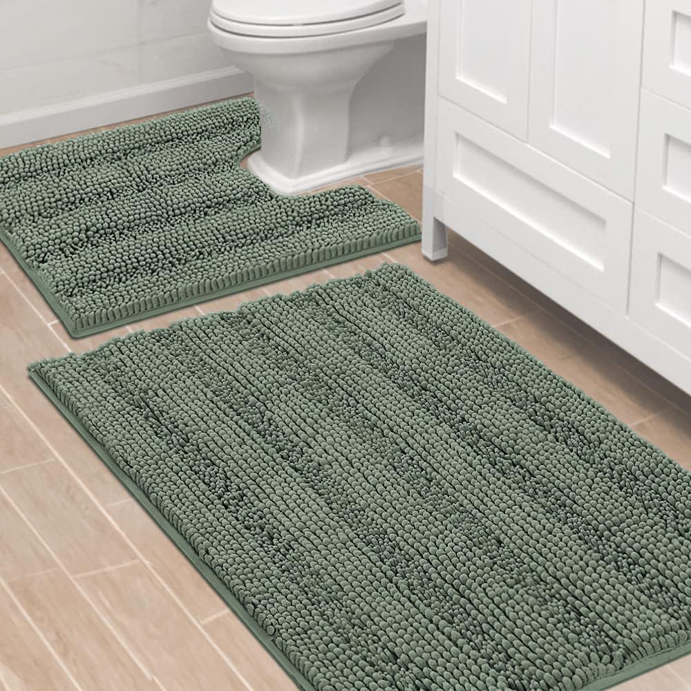 H.VERSAILTEX Bathroom Rugs Bath Rug Set 2 Piece Bathroom Contour Rug Toilet Mat Sets Non Slip Contour Bath Rug Ultra Thick Water Absorbent Striped Bath Mats Washable(47" x 17" Plus 20" x 20" U, Cream)