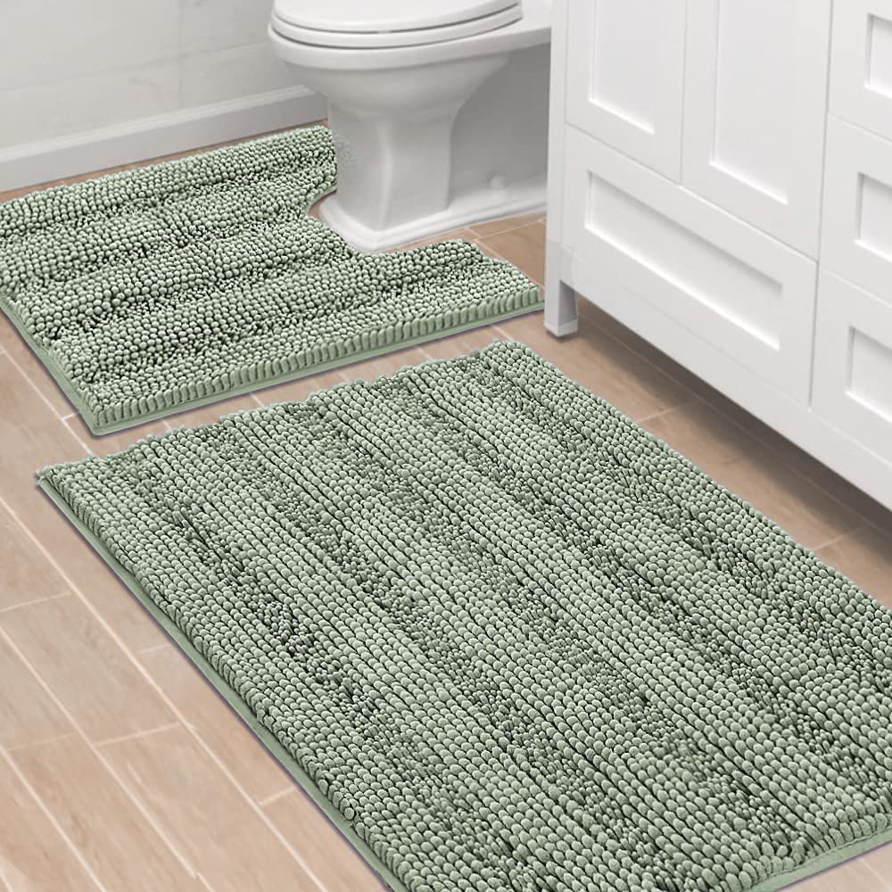 H.VERSAILTEX Bathroom Rugs Bath Rug Set 2 Piece Bathroom Contour Rug Toilet Mat Sets Non Slip Contour Bath Rug Ultra Thick Water Absorbent Striped Bath Mats Washable(47" x 17" Plus 20" x 20" U, Cream)