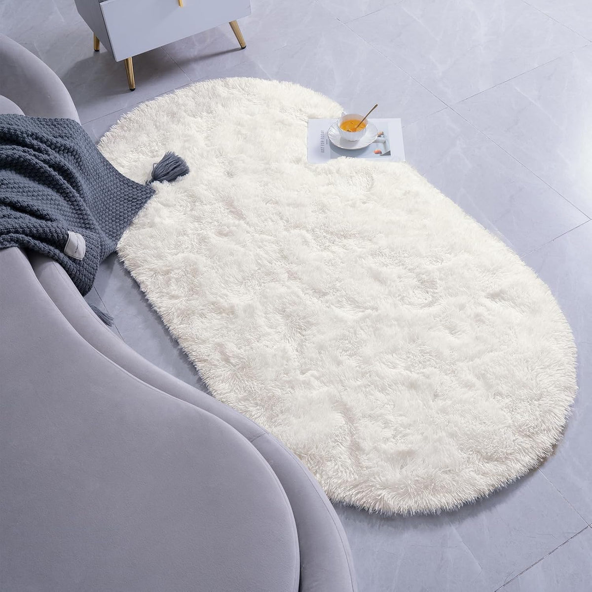 Goideal Fluffy Bedroom Rug, Small Oval Area Rugs, Cream Shag Bedside Carpet for Kids Room Nursery Dorm Cute Fuzzy Indoor Decor for Boy and Girl, 2.6 x 5.3 Feet
