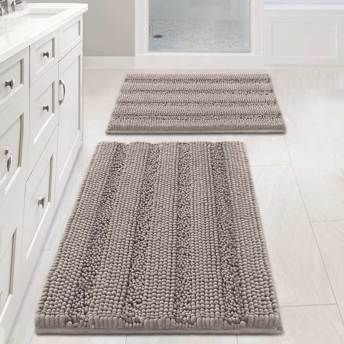 H.VERSAILTEX Bathroom Rugs Bath Rug Set 2 Piece Bathroom Contour Rug Toilet Mat Sets Non Slip Contour Bath Rug Ultra Thick Water Absorbent Striped Bath Mats Washable(47" x 17" Plus 20" x 20" U, Cream)