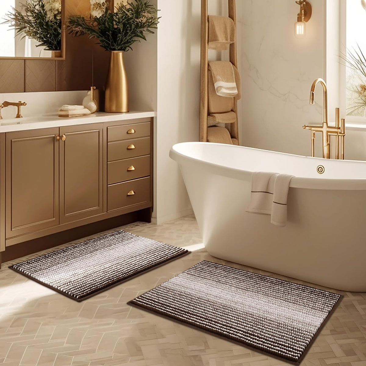 BSICPRO Bathroom Rugs Sets 2 Piece, Non Slip Striped Bath Mats, Sage