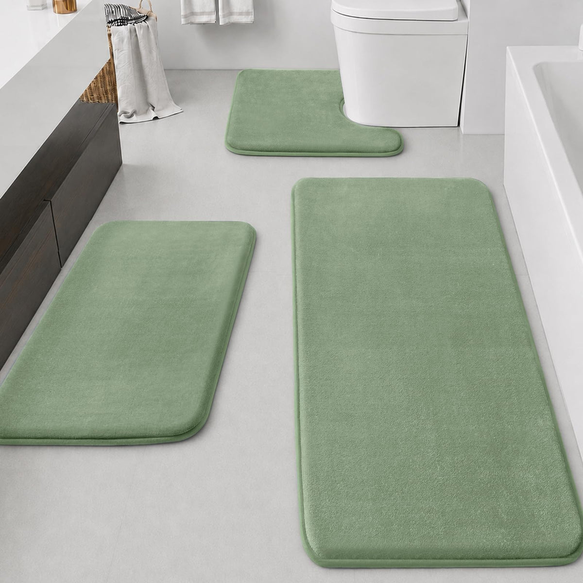 HUXMEYSON Bathroom Rugs Sets 3 Piece, Non-Slip & Quick Dry Bath Mat Set, Ultra Soft Velvet Bath Rugs for Bathroom, Toilet and Shower Floor, Grey