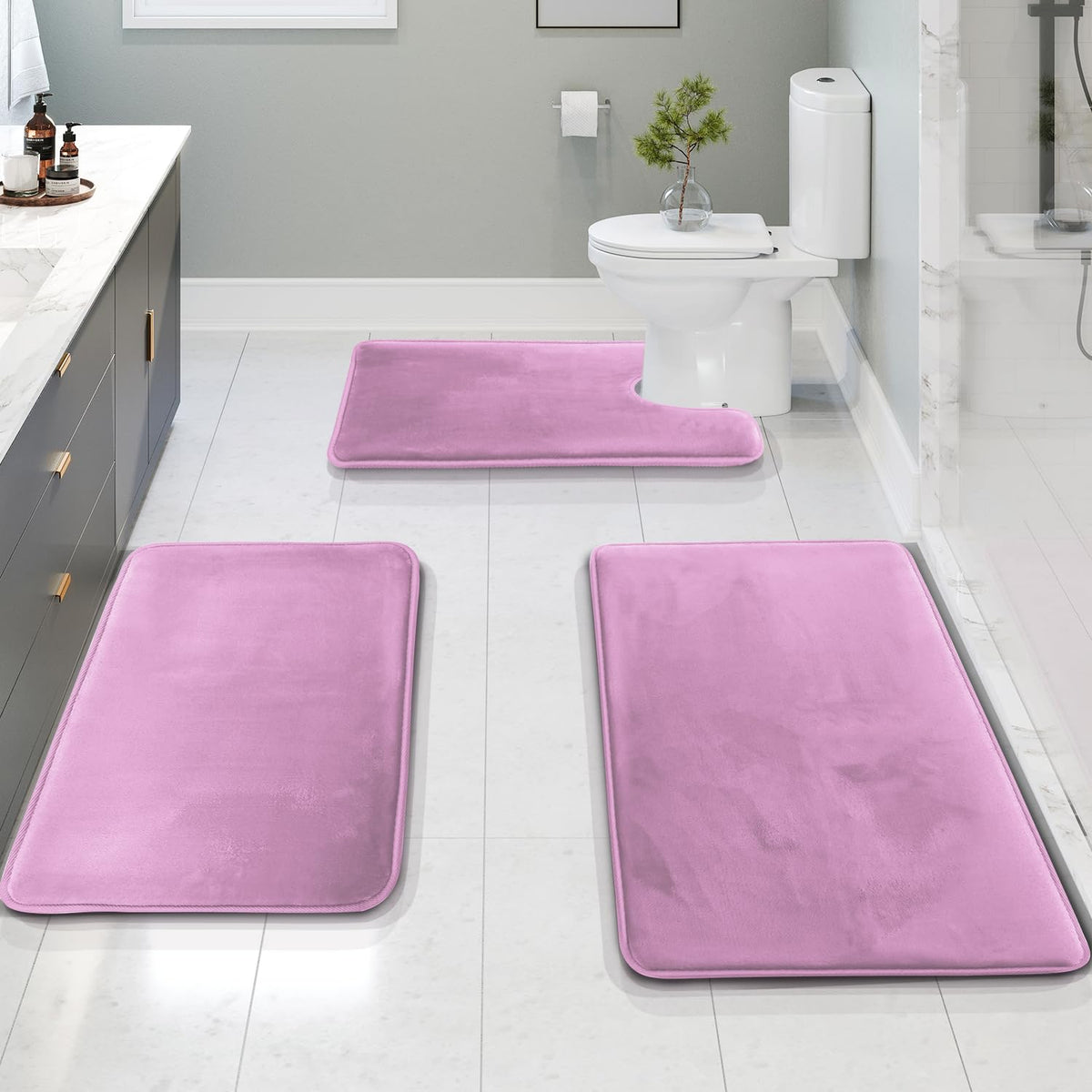 Clara Clark 3 Piece Bathroom Rugs Bath Mat Set, Velvet Memory Foam Bath Mats for Bathroom - Non-Slip, PVC Backing Bath Rugs, Washable - Dries Quickly, Grey