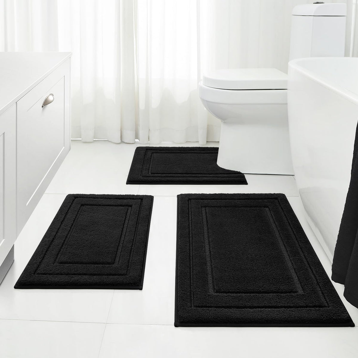 HOMEIDEAS Black Bathroom Rugs Set of 3, Non Slip Bath Mats