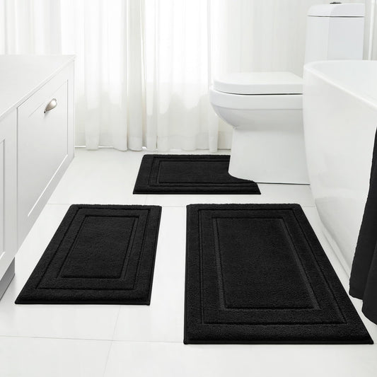 HOMEIDEAS Black Bathroom Rugs Set of 3, Non Slip Bath Mats