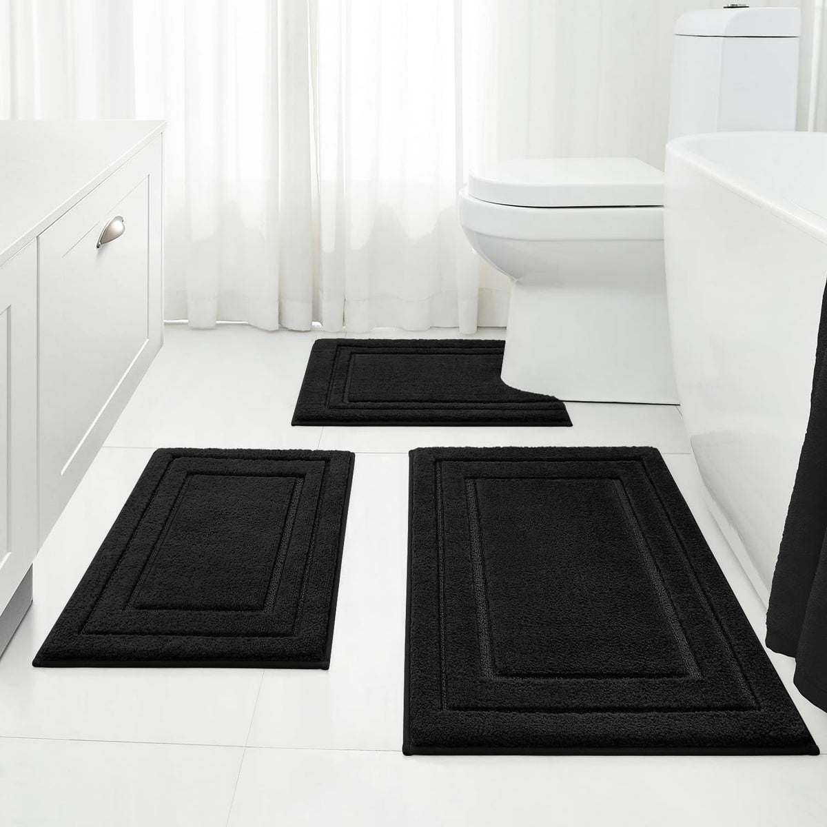 HOMEIDEAS Black Bathroom Rugs Set of 3, Non Slip Bath Mats