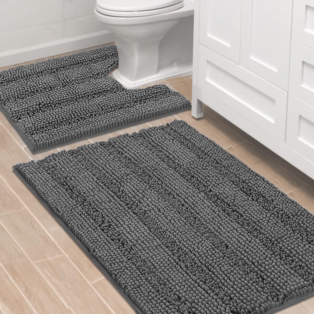 H.VERSAILTEX Bathroom Rugs Bath Rug Set 2 Piece Bathroom Contour Rug Toilet Mat Sets Non Slip Contour Bath Rug Ultra Thick Water Absorbent Striped Bath Mats Washable(47" x 17" Plus 20" x 20" U, Cream)