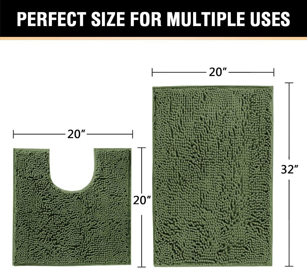 H.VERSAILTEX Bathroom Rugs Luxury Chenille Mat Set, Soft Plush Shower Rug + Toilet Mat, Microfiber Shaggy Carpet, Super Absorbent, Machine Washable (Curved Set, 32" x 20"/20" x 20", Loden)