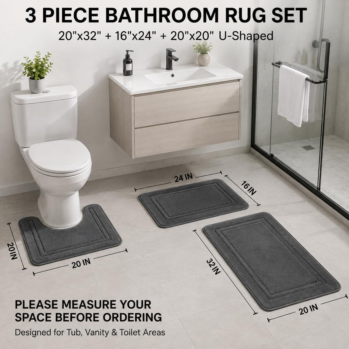 Bathroom Rugs Set 3 Piece, Bordered Memory Foam With Toilet Mats Dark Gray