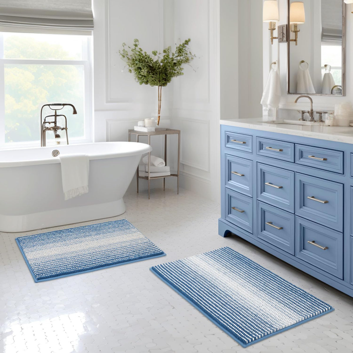 BSICPRO Bathroom Rugs Sets 2 Piece, Non Slip Striped Bath Mats, Sage