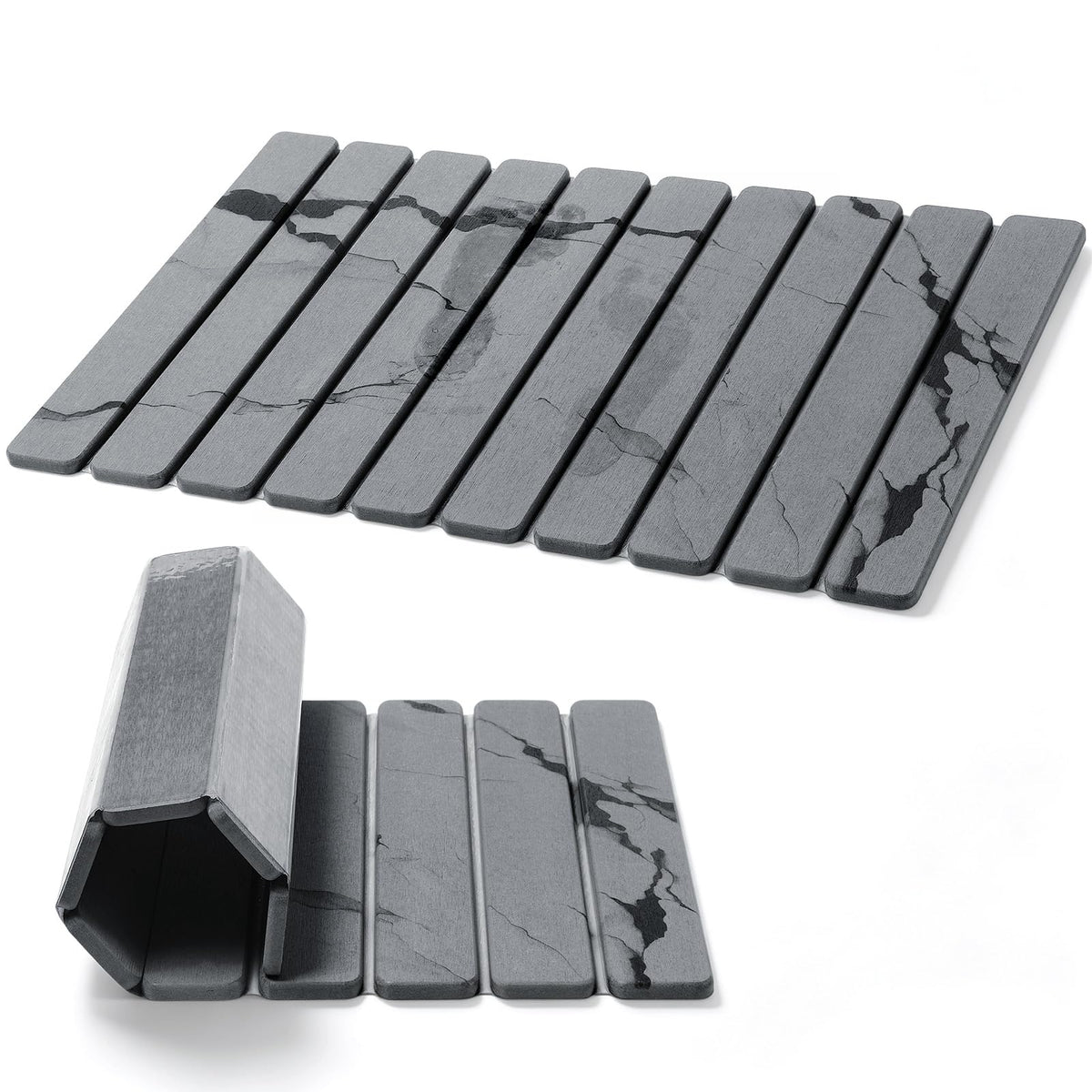 Foldable Stone Bath Mat, Non Slip Large Diatomaceous Shower Mat, Super Absorbent Quick Drying Stone Mat for Bathroom Kitchen Floor Counter Sink ,Easy to Clean & Store (Dark Gray 24"×16")