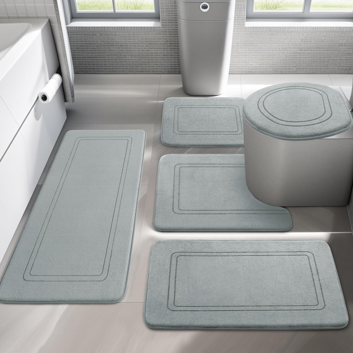 YIHOUSE Memory Foam Bath Mat Set, Non Slip Bath Mats, Super Soft and Water Absorbent, Machine Washable U Shape Toilet Mats, Dark Blue