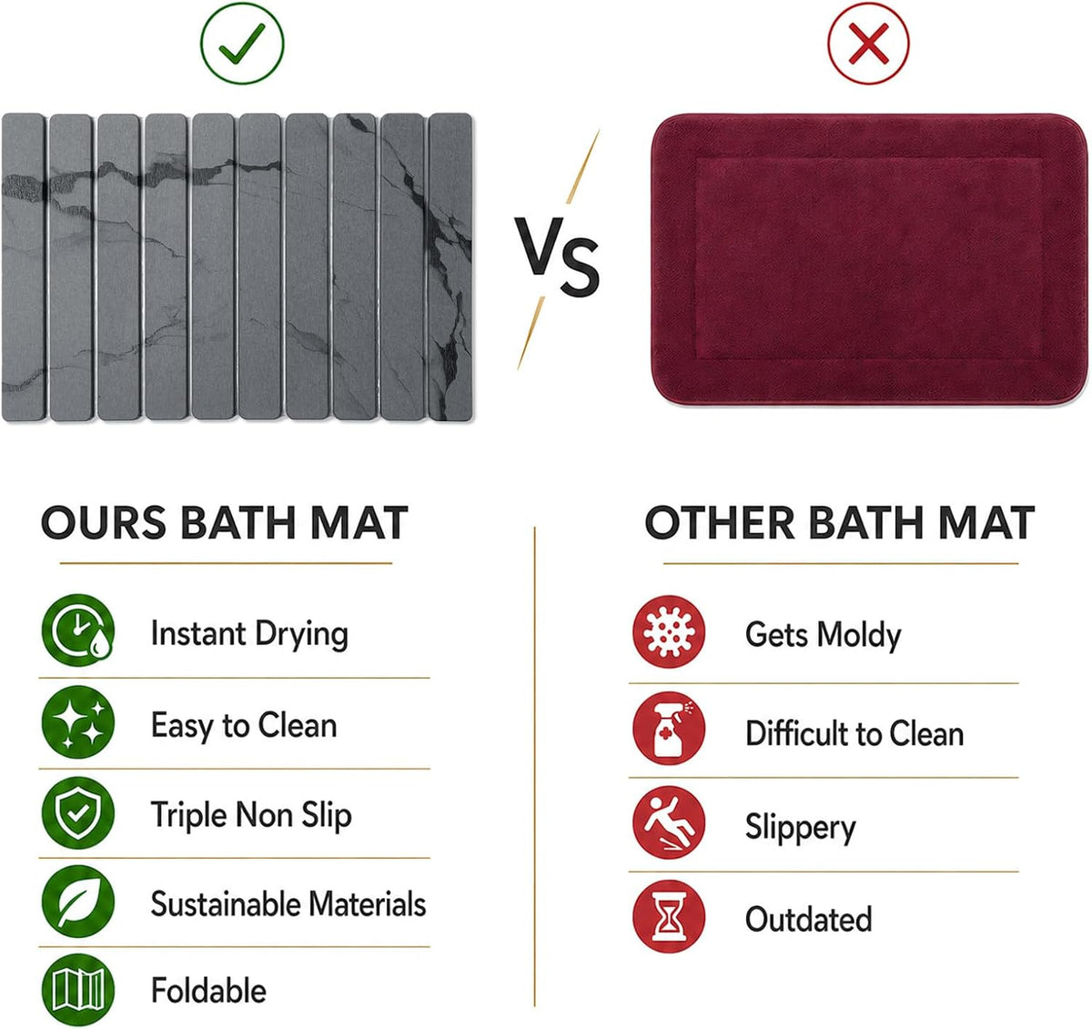 Foldable Stone Bath Mat, Non Slip Large Diatomaceous Shower Mat, Super Absorbent Quick Drying Stone Mat for Bathroom Kitchen Floor Counter Sink ,Easy to Clean & Store (Dark Gray 24"×16")