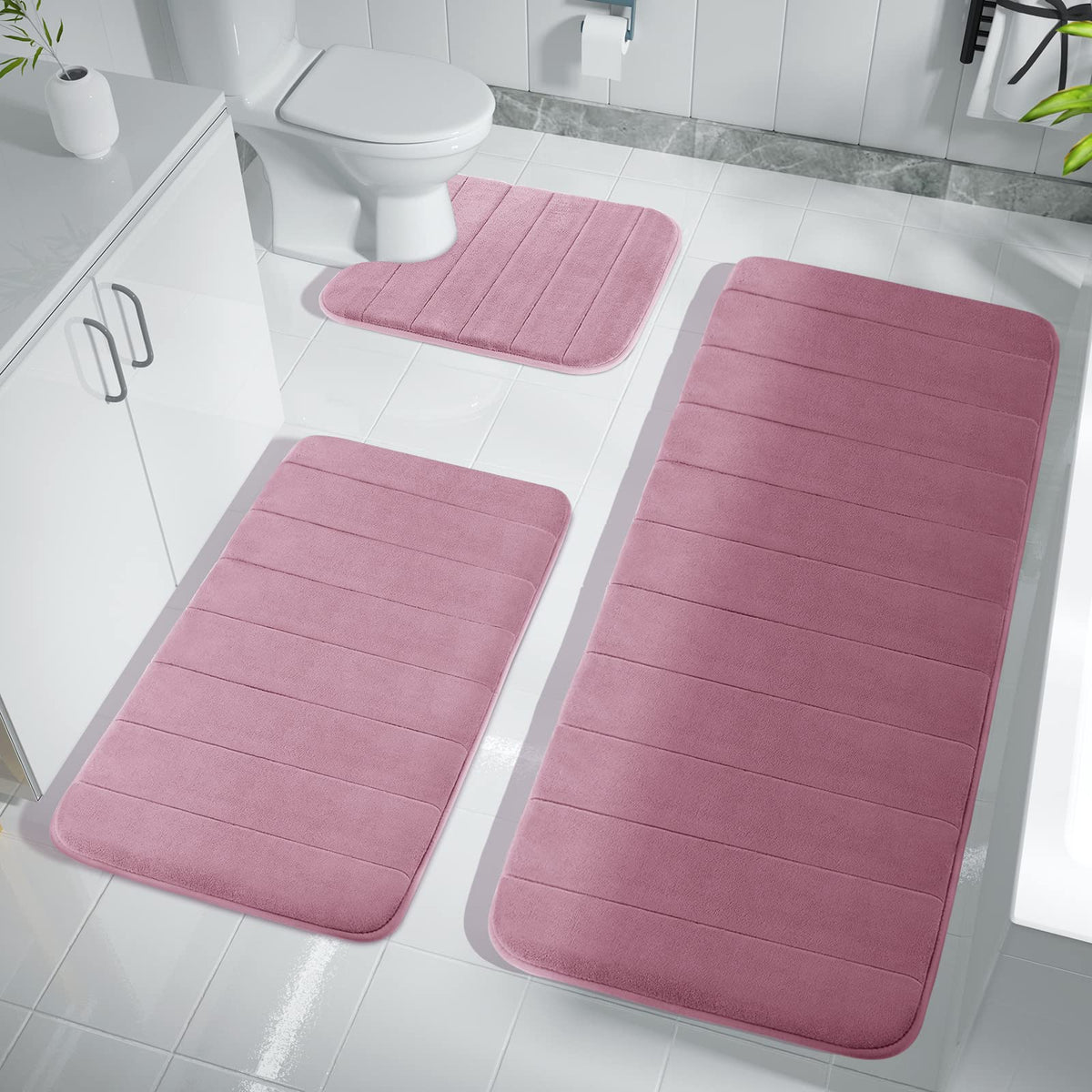 Yimobra Memory Foam Bath Mat Set 3 Pieces- Super Soft Absorbent Quick Dry Bathroom Rug Sets, Machine Washable Non Slip Floor Carpet for Tub Shower, Vanity & Toilet Base, Gray