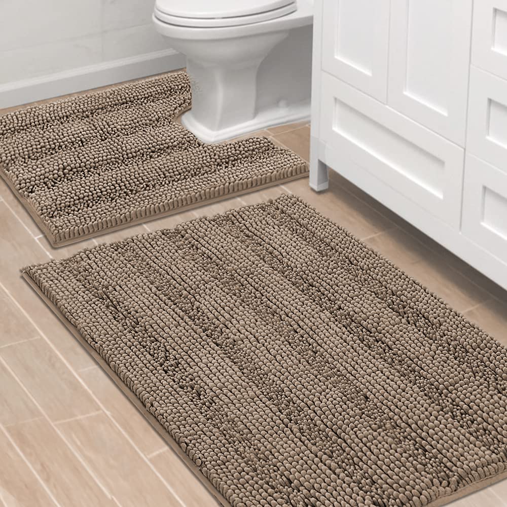 H.VERSAILTEX Bathroom Rugs Bath Rug Set 2 Piece Bathroom Contour Rug Toilet Mat Sets Non Slip Contour Bath Rug Ultra Thick Water Absorbent Striped Bath Mats Washable(47" x 17" Plus 20" x 20" U, Cream)