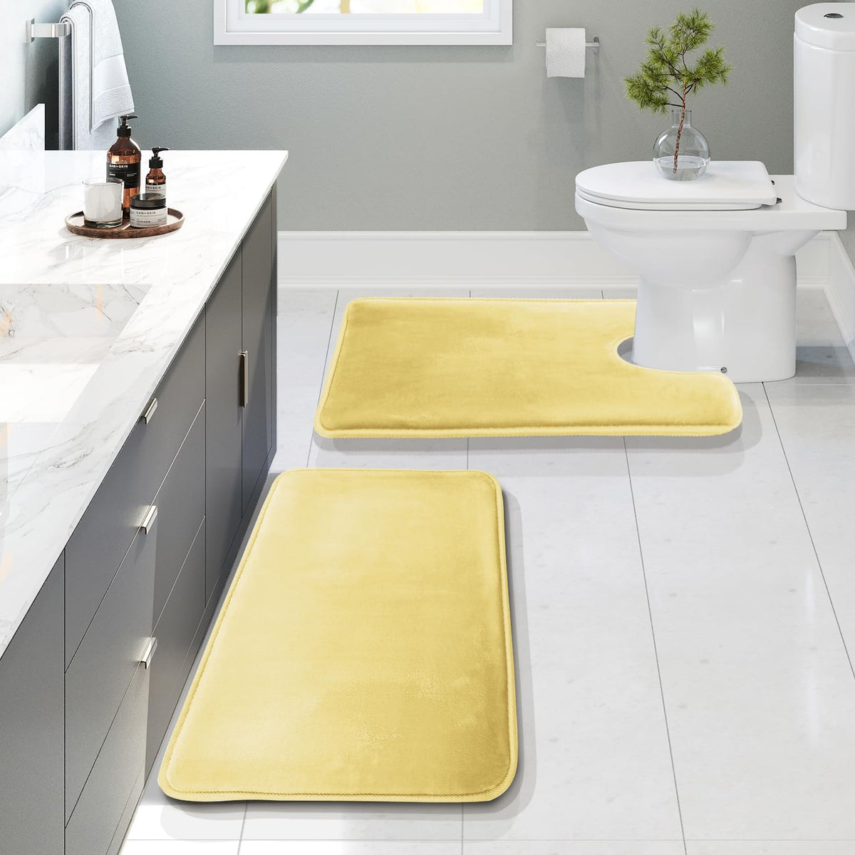Clara Clark 3 Piece Bathroom Rugs Bath Mat Set, Velvet Memory Foam Bath Mats for Bathroom - Non-Slip, PVC Backing Bath Rugs, Washable - Dries Quickly, Grey