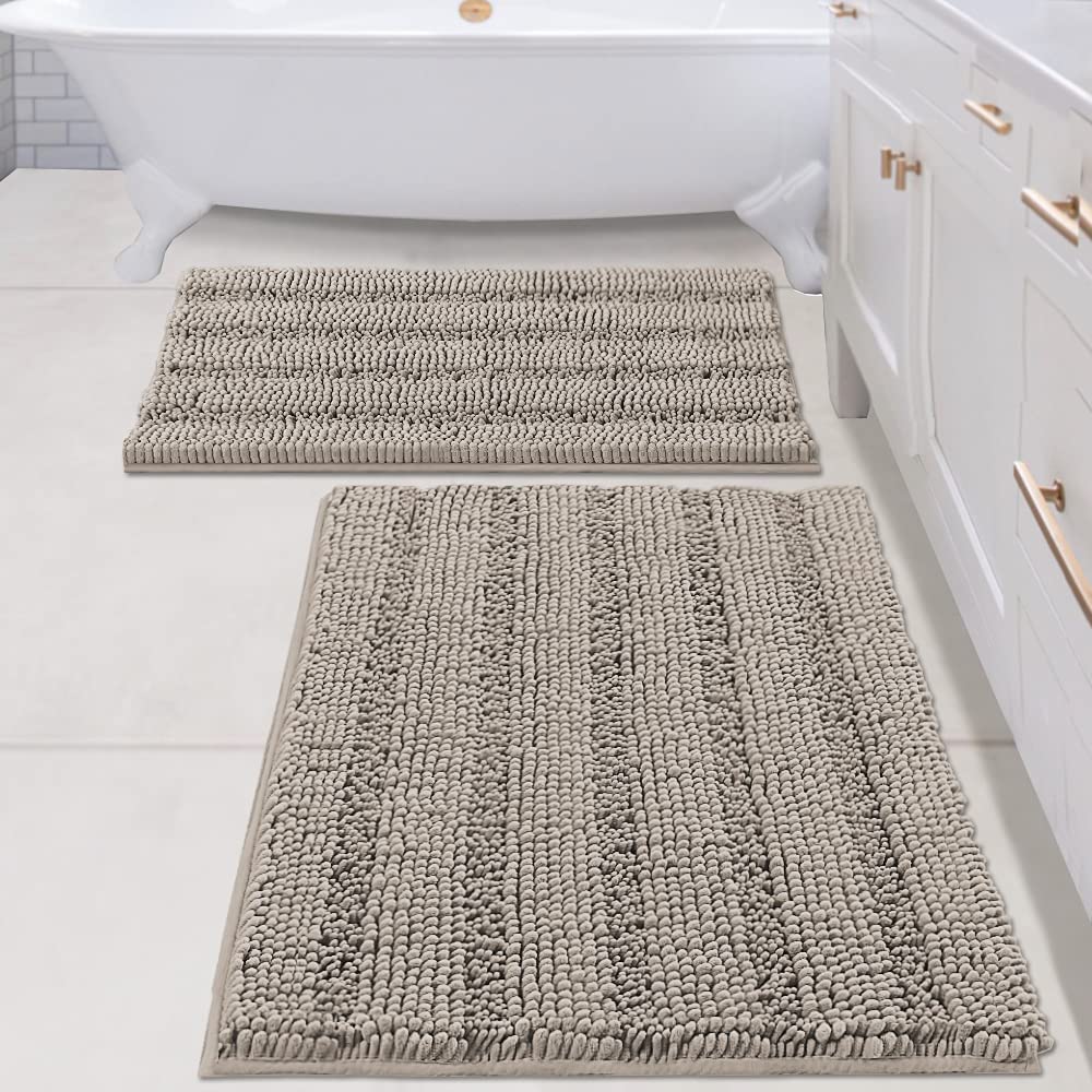 H.VERSAILTEX Bathroom Rugs Bath Rug Set 2 Piece Bathroom Contour Rug Toilet Mat Sets Non Slip Contour Bath Rug Ultra Thick Water Absorbent Striped Bath Mats Washable(47" x 17" Plus 20" x 20" U, Cream)