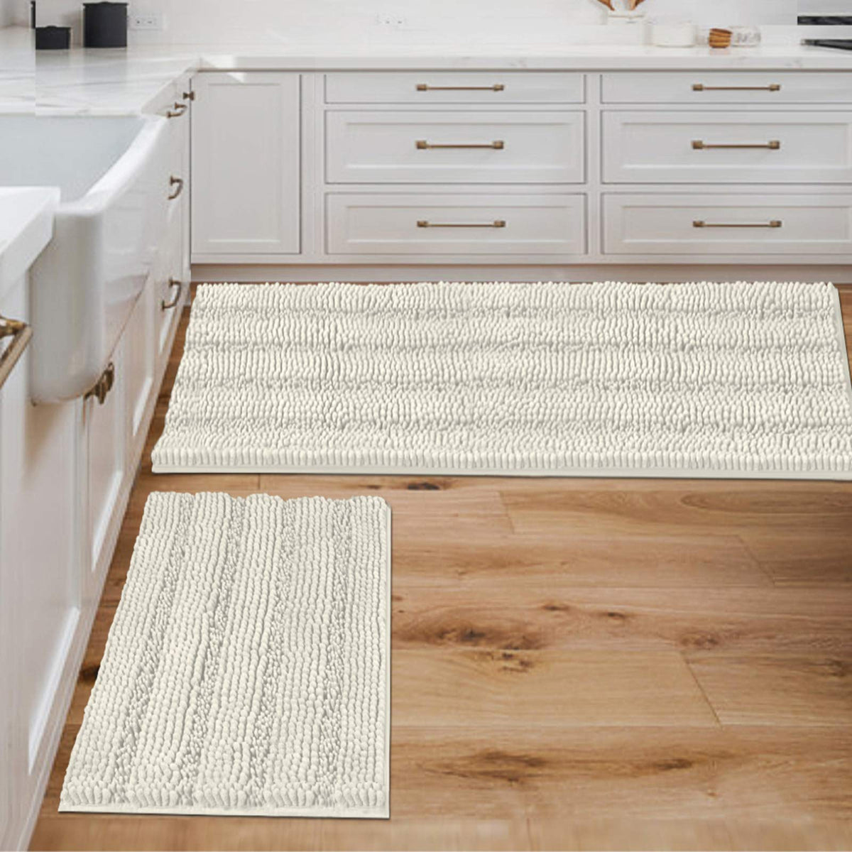 H.VERSAILTEX Bathroom Rugs Bath Rug Set 2 Piece Bathroom Contour Rug Toilet Mat Sets Non Slip Contour Bath Rug Ultra Thick Water Absorbent Striped Bath Mats Washable(47" x 17" Plus 20" x 20" U, Cream)