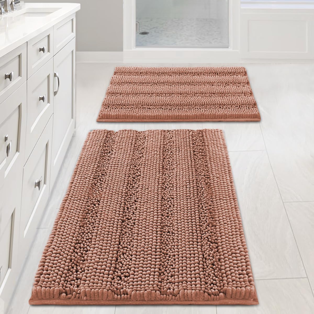 H.VERSAILTEX Bathroom Rugs Bath Rug Set 2 Piece Bathroom Contour Rug Toilet Mat Sets Non Slip Contour Bath Rug Ultra Thick Water Absorbent Striped Bath Mats Washable(47" x 17" Plus 20" x 20" U, Cream)