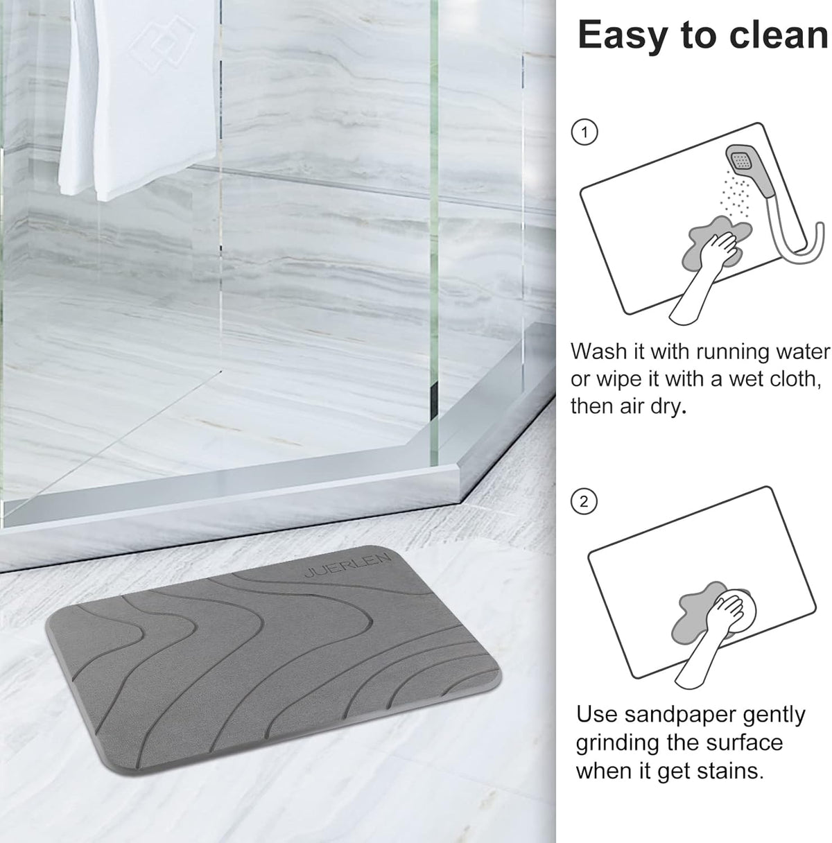 JUERLEN 2 Pack Diatomaceous Earth Shower Mat, Stone Bath Mat, Nonslip Super Absorbent Fast-Drying Hard Bath Mat for Bathroom Shower Floor, 24 x 16 inch, Grey Wave Design