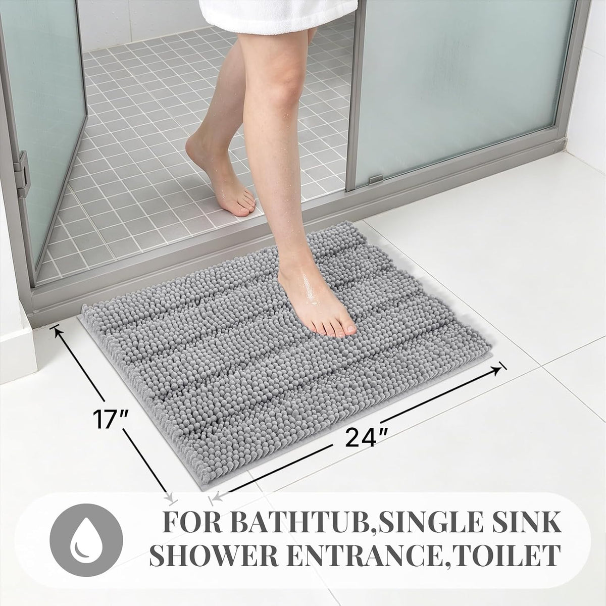 Bcoimo Small Bath Rug Mat,24x17 Chenille Non Slip Gray Bathroom Shower Mat