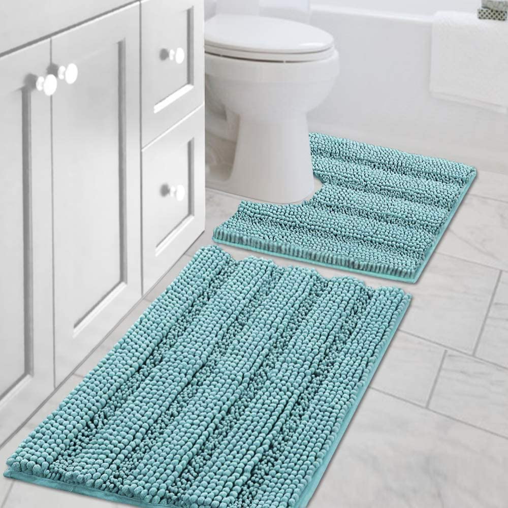 H.VERSAILTEX Bathroom Rugs Bath Rug Set 2 Piece Bathroom Contour Rug Toilet Mat Sets Non Slip Contour Bath Rug Ultra Thick Water Absorbent Striped Bath Mats Washable(47" x 17" Plus 20" x 20" U, Cream)