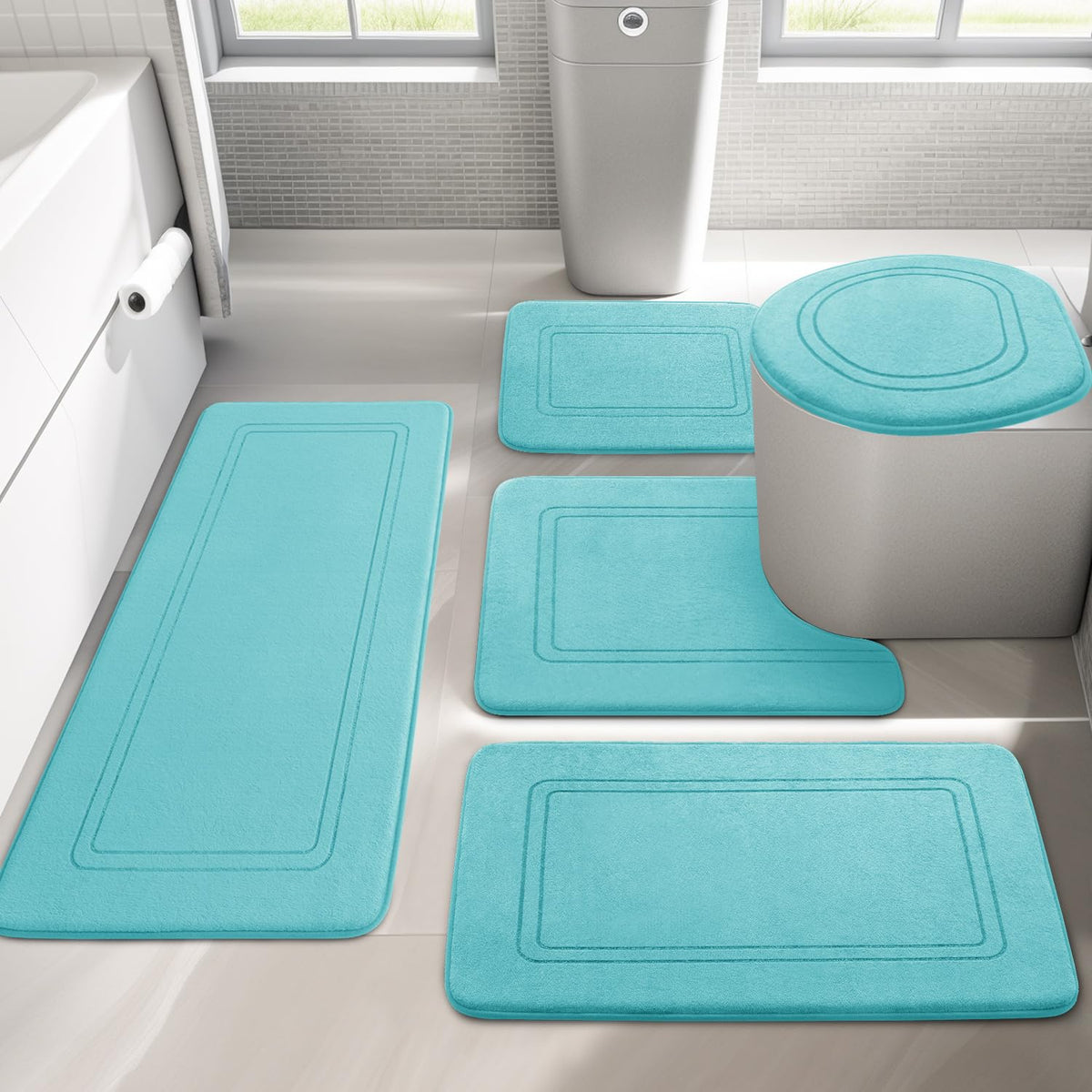 YIHOUSE Memory Foam Bath Mat Set, Non Slip Bath Mats, Super Soft and Water Absorbent, Machine Washable U Shape Toilet Mats, Dark Blue