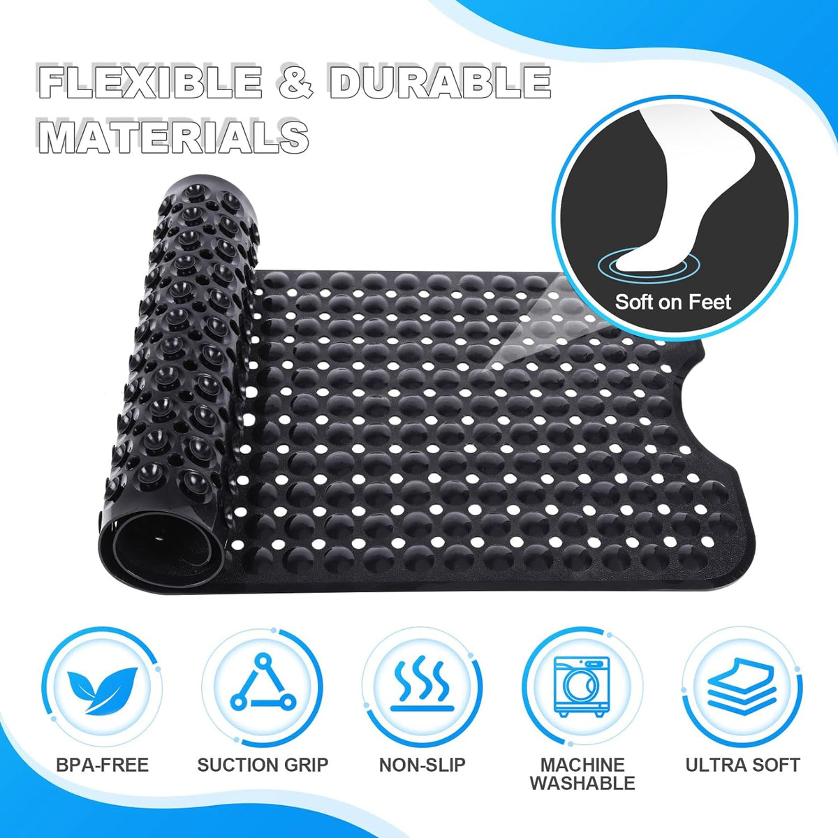 Bathtub and Shower Mats, 40x16 Inch Extra Large Non Slip Soft Bath Tub Mat with Suction Cups and Drain Holes for Bathroom Floor and Keep Tubs Clean, Machine Washable, Black