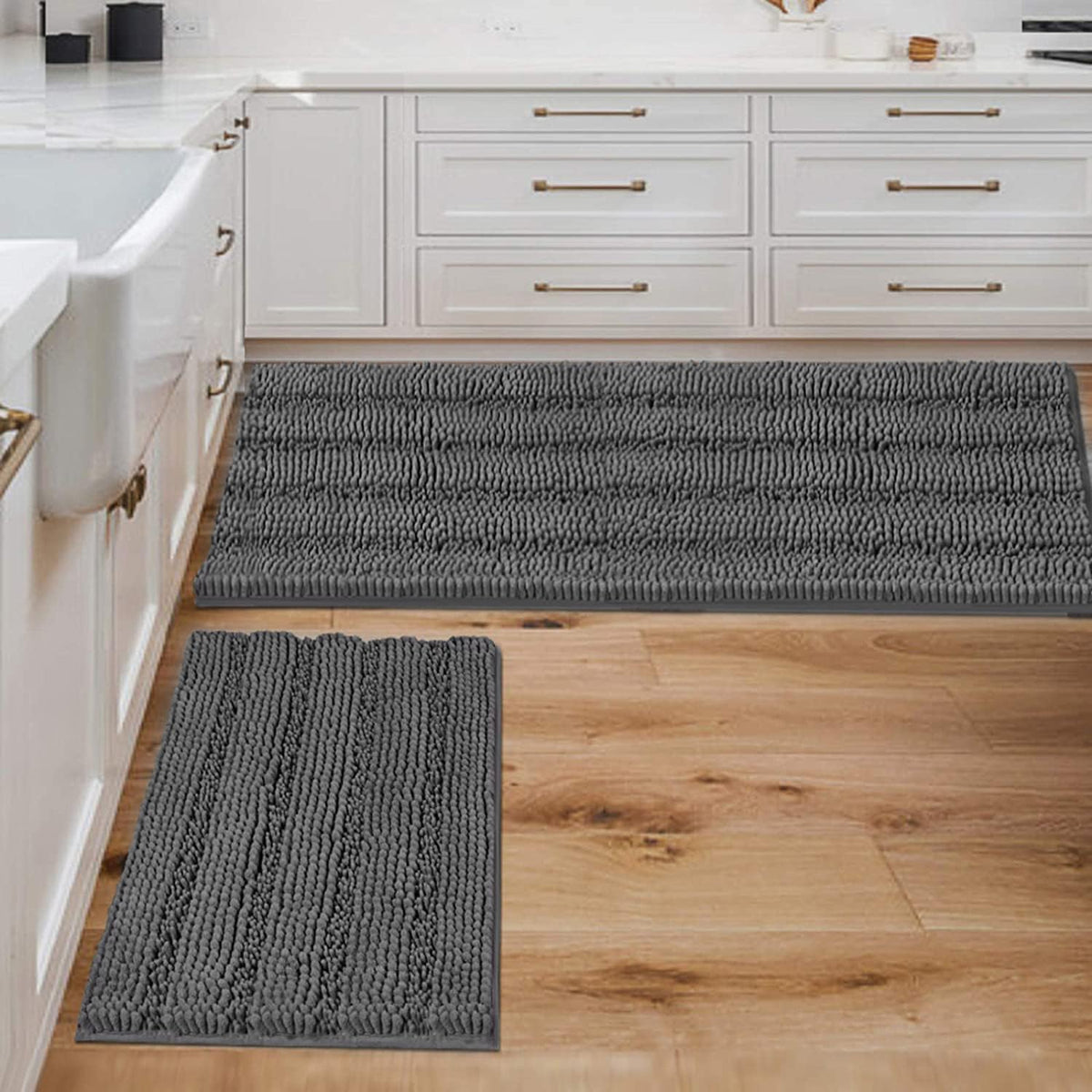 H.VERSAILTEX Bathroom Rugs Bath Rug Set 2 Piece Bathroom Contour Rug Toilet Mat Sets Non Slip Contour Bath Rug Ultra Thick Water Absorbent Striped Bath Mats Washable(47" x 17" Plus 20" x 20" U, Cream)