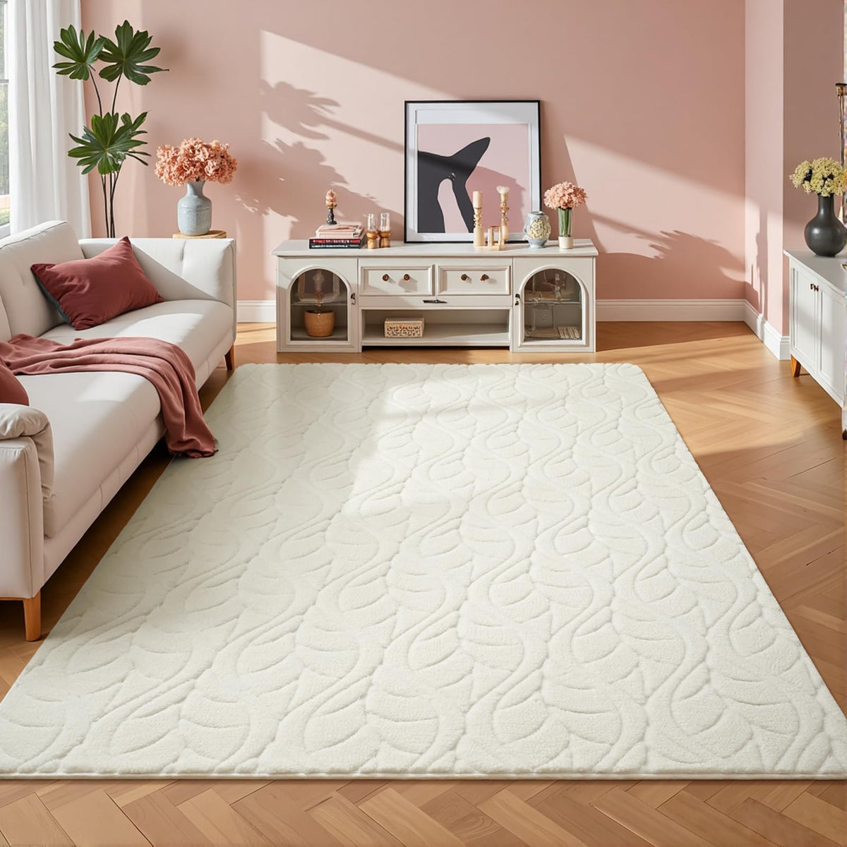 Grey Fluffy Area Rug for Bedroom, 3x5 Geometric Shag Rugs