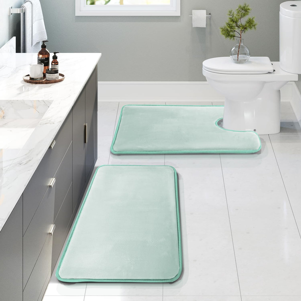 Clara Clark 3 Piece Bathroom Rugs Bath Mat Set, Velvet Memory Foam Bath Mats for Bathroom - Non-Slip, PVC Backing Bath Rugs, Washable - Dries Quickly, Grey