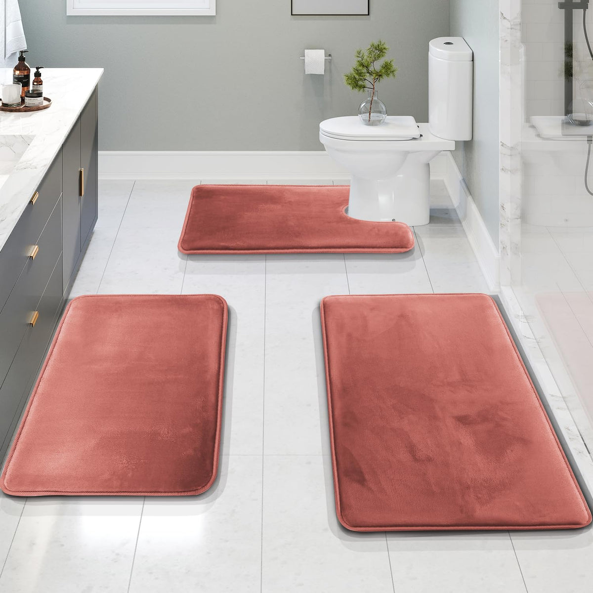 Clara Clark 3 Piece Bathroom Rugs Bath Mat Set, Velvet Memory Foam Bath Mats for Bathroom - Non-Slip, PVC Backing Bath Rugs, Washable - Dries Quickly, Grey