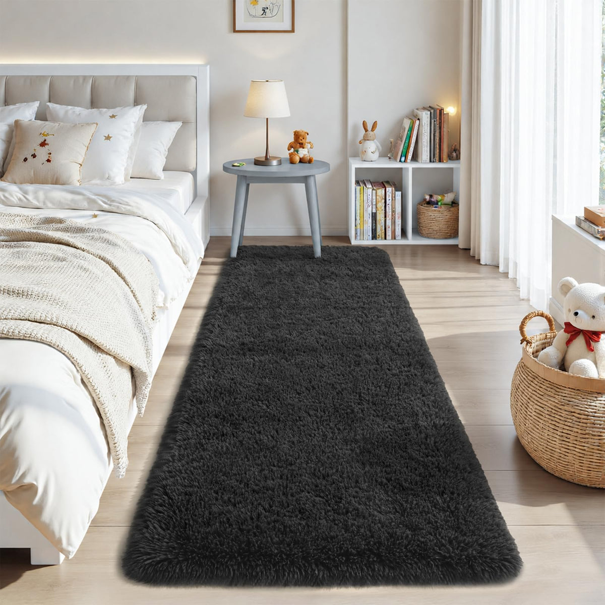 Zentavio 2x6 Runner Rugs for Hallway Shag Soft Bedroom Bedside Rugs Non Slip Fluffy Carpet for Kids Girls Boys Home Decor Aesthetic Dorm Nursery Tie-Dyed Black Grey