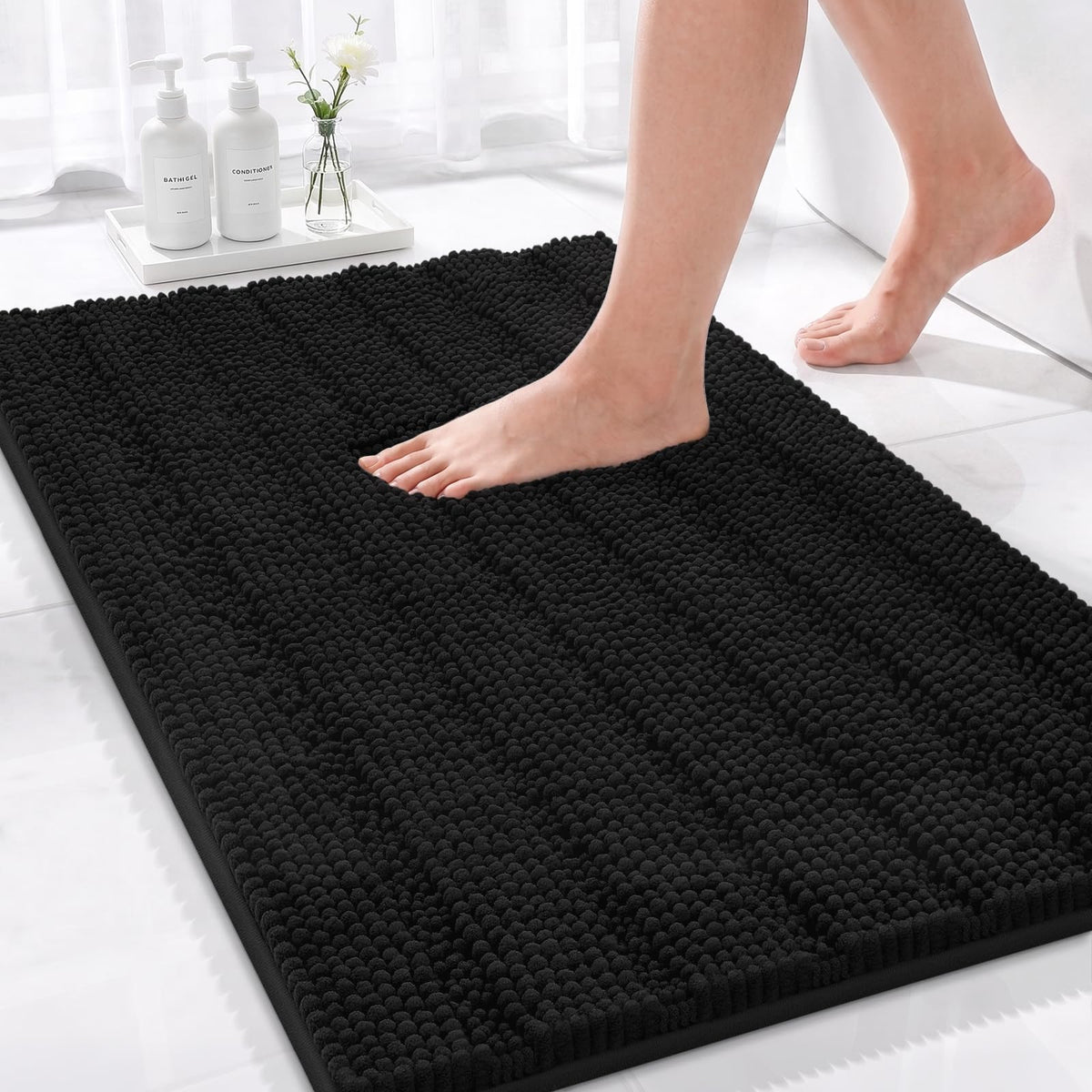 Bcoimo Small Bath Rug Mat,24x17 Chenille Non Slip Gray Bathroom Shower Mat