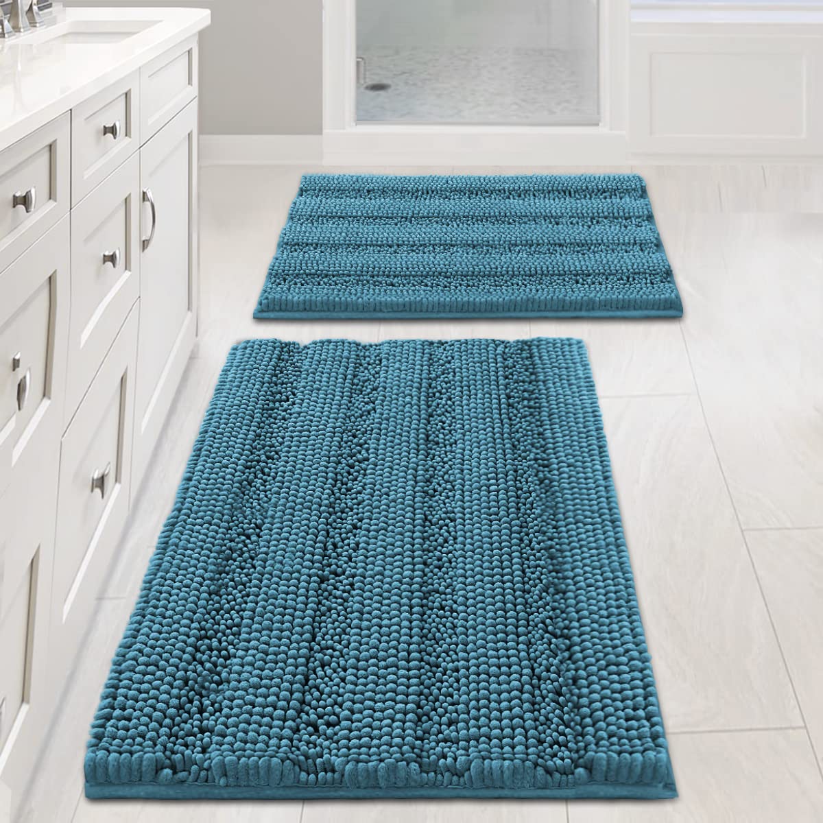 H.VERSAILTEX Bathroom Rugs Bath Rug Set 2 Piece Bathroom Contour Rug Toilet Mat Sets Non Slip Contour Bath Rug Ultra Thick Water Absorbent Striped Bath Mats Washable(47" x 17" Plus 20" x 20" U, Cream)