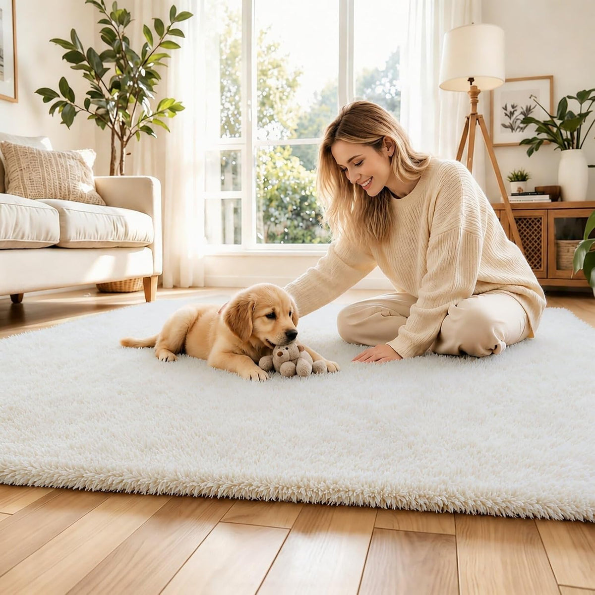 Small Shag Area Rug for Bedroom, 2x3 Cream Soft Plush Carpet