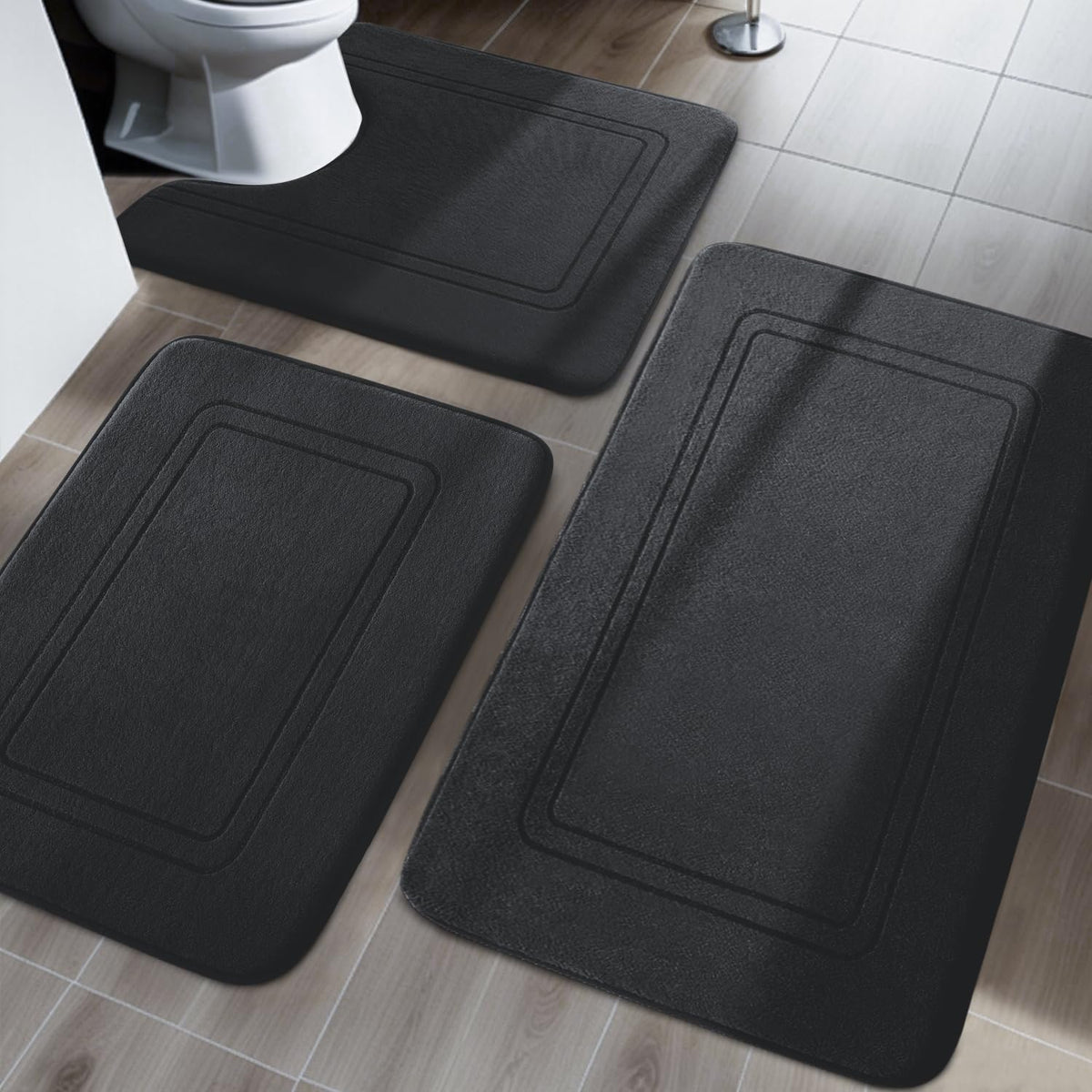 YIHOUSE Memory Foam Bath Mat Set, Non Slip Bath Mats, Super Soft and Water Absorbent, Machine Washable U Shape Toilet Mats, Dark Blue