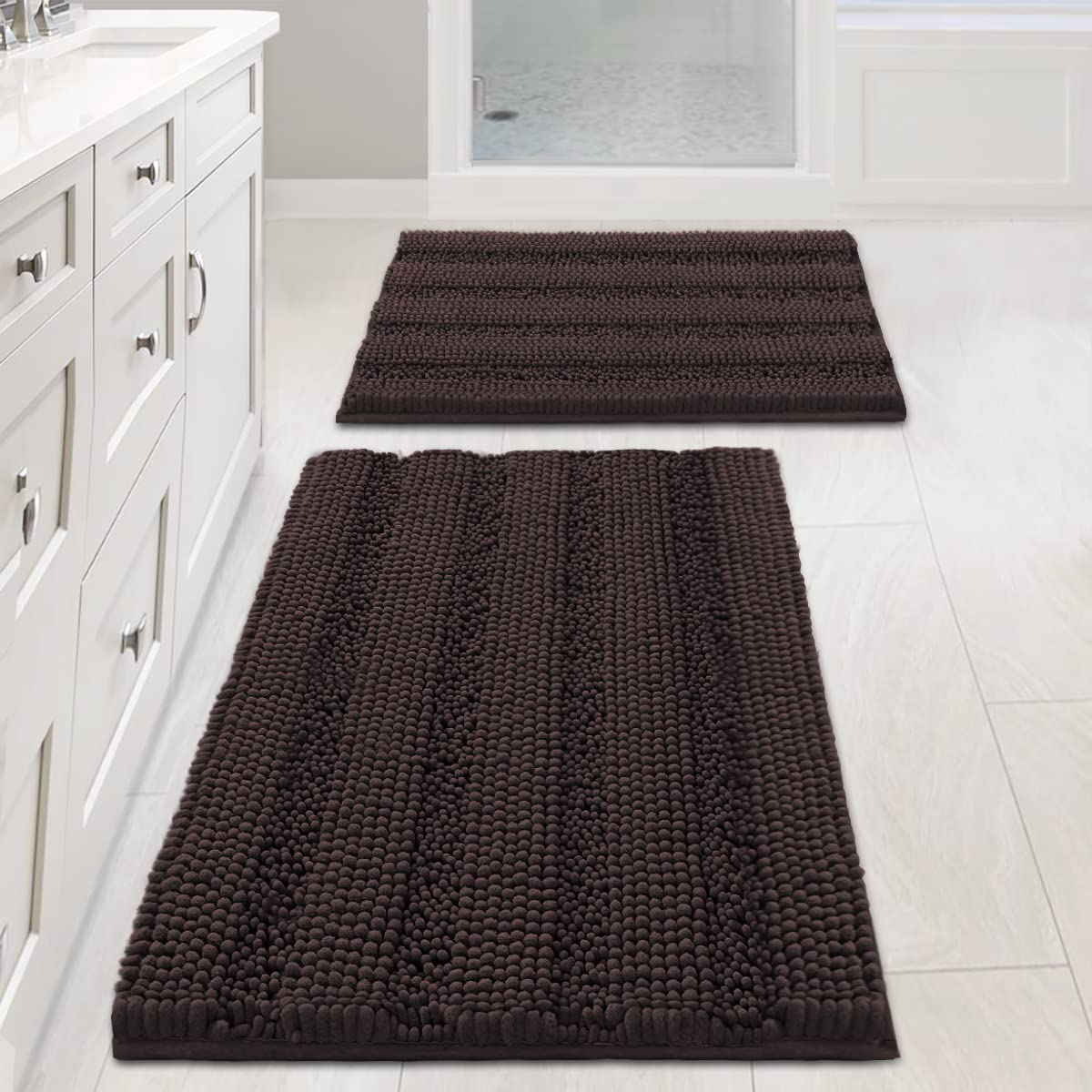 H.VERSAILTEX Bathroom Rugs Bath Rug Set 2 Piece Bathroom Contour Rug Toilet Mat Sets Non Slip Contour Bath Rug Ultra Thick Water Absorbent Striped Bath Mats Washable(47" x 17" Plus 20" x 20" U, Cream)