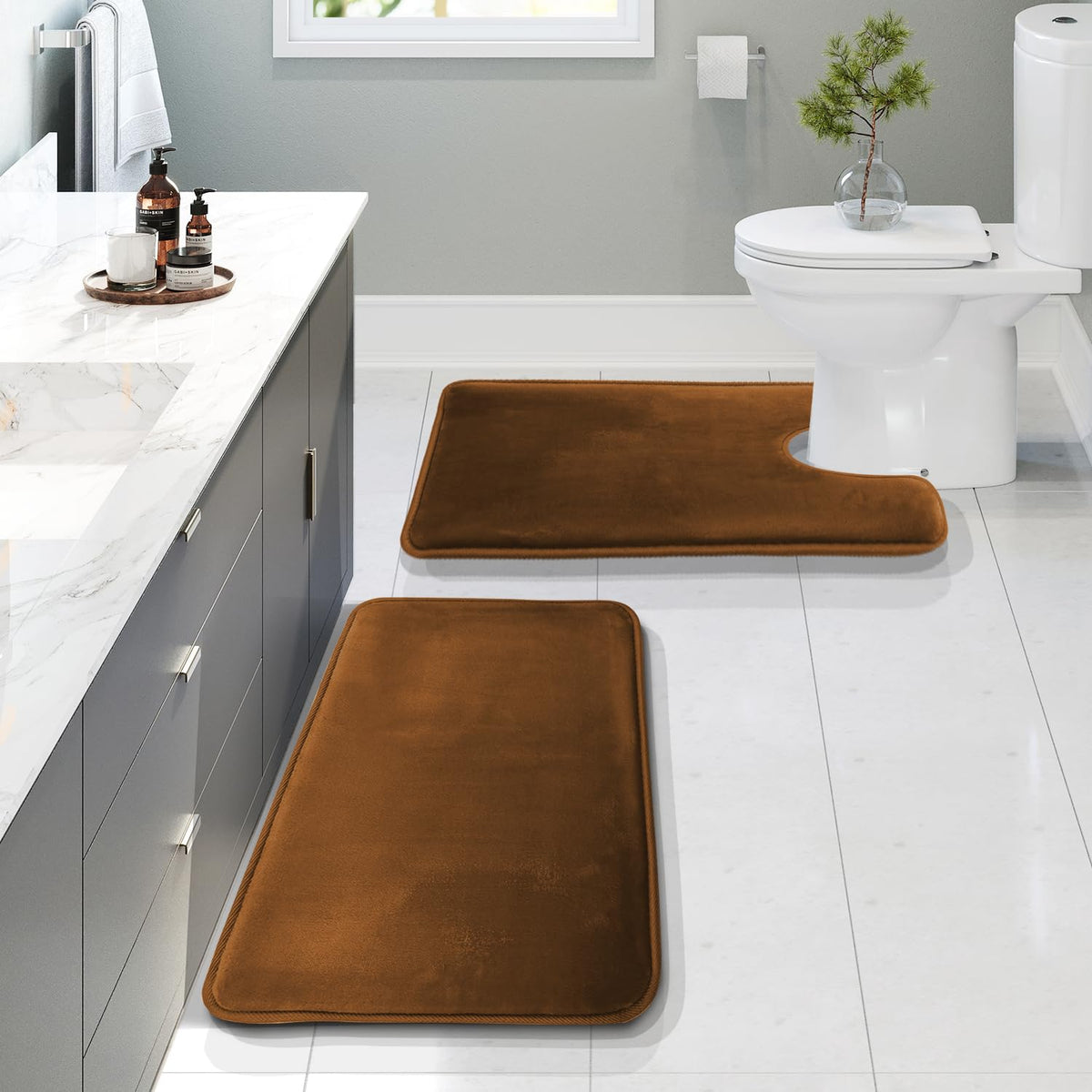 Clara Clark 3 Piece Bathroom Rugs Bath Mat Set, Velvet Memory Foam Bath Mats for Bathroom - Non-Slip, PVC Backing Bath Rugs, Washable - Dries Quickly, Grey
