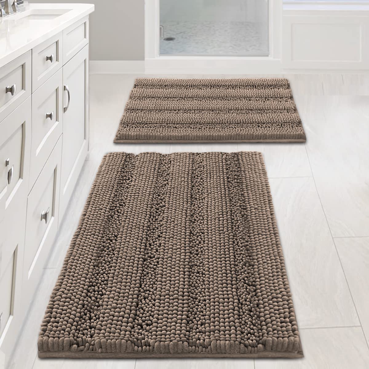 H.VERSAILTEX Bathroom Rugs Bath Rug Set 2 Piece Bathroom Contour Rug Toilet Mat Sets Non Slip Contour Bath Rug Ultra Thick Water Absorbent Striped Bath Mats Washable(47" x 17" Plus 20" x 20" U, Cream)